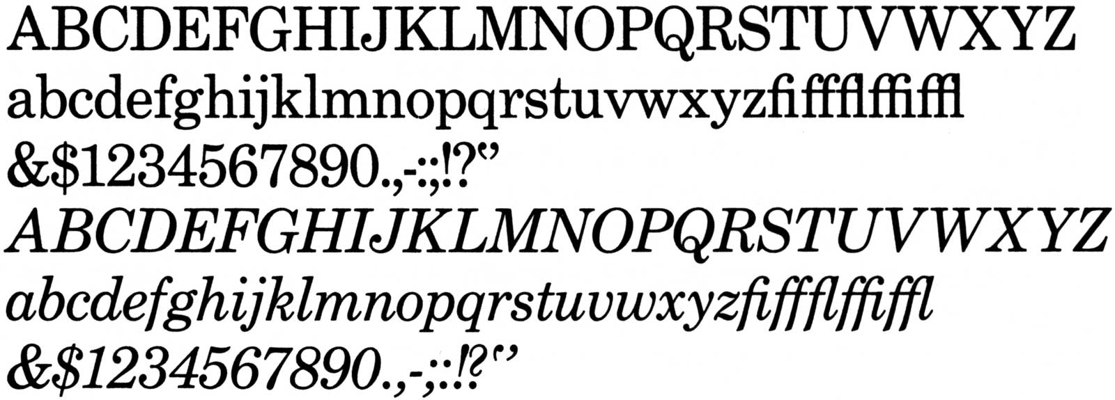 Font samples showing basic character sets of Century Schoolbook and Italic