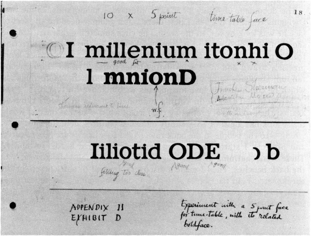 Typeface sample with a very large x-height, labeled “Experiment for a 5 point face for time-table, with its related boldface.”