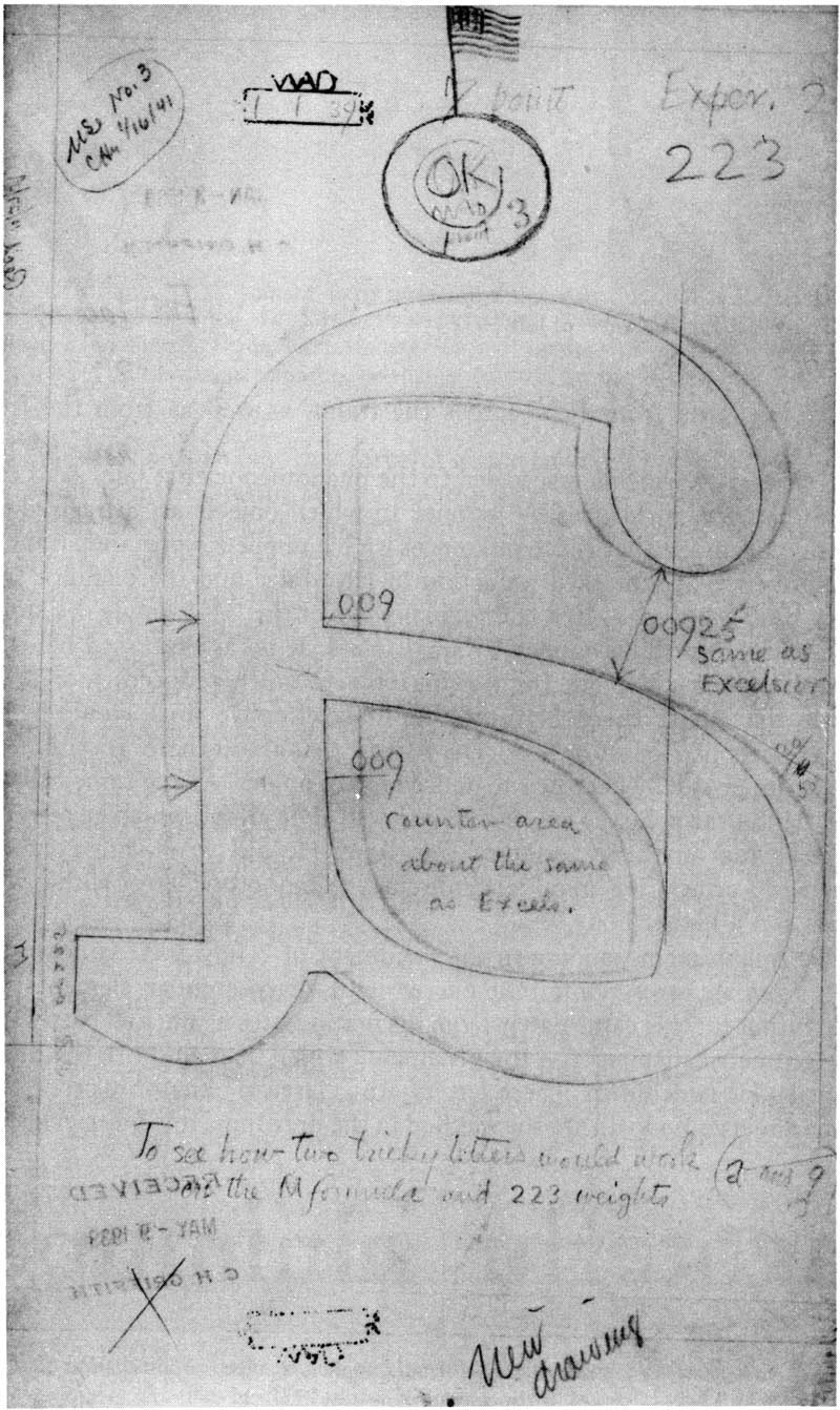 Technical drawing of a letter ‘a’, rendered in reverse, surronded by notes and a small illustration of an American flag