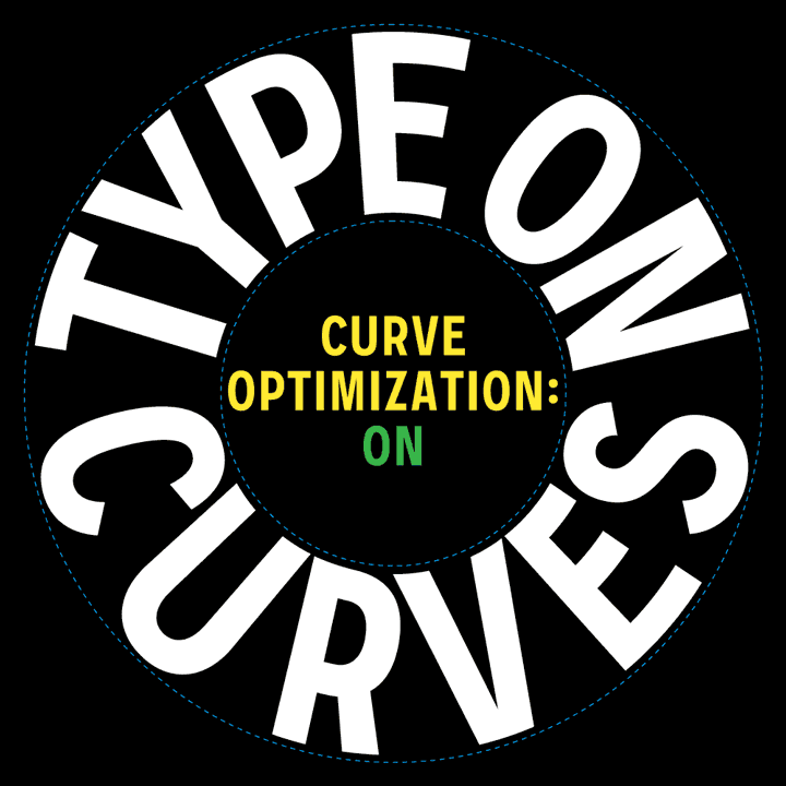 Before and after animation comparison of text set on a circle in Shop Sans with and without curve optimization activated