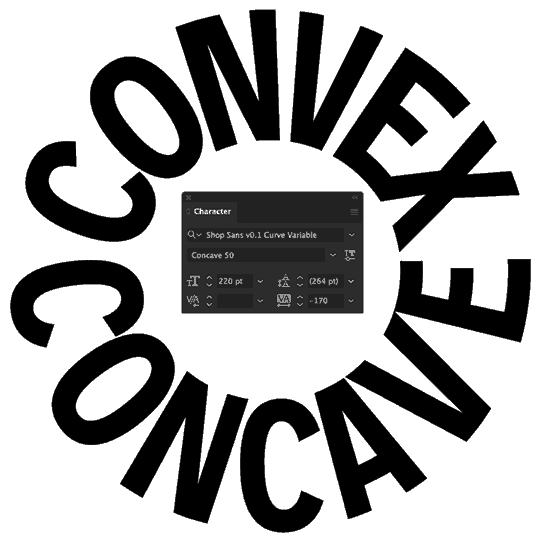 Animation showing how the Shop Sans Curve variable font works in Adobe Illustrator